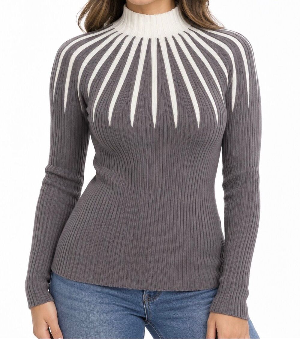 Gray White Ribbed Mock Neck Sunburst Stripe Sweater XL